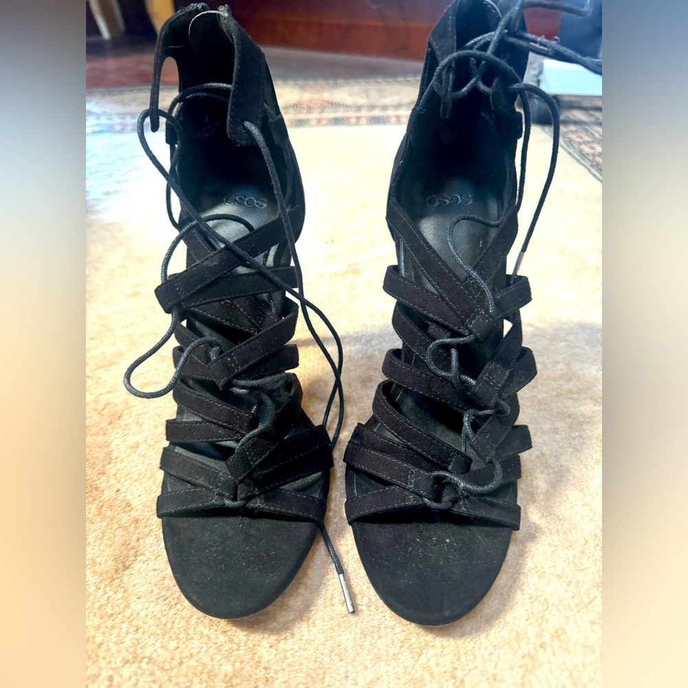 Black caged laced up heeled sandals